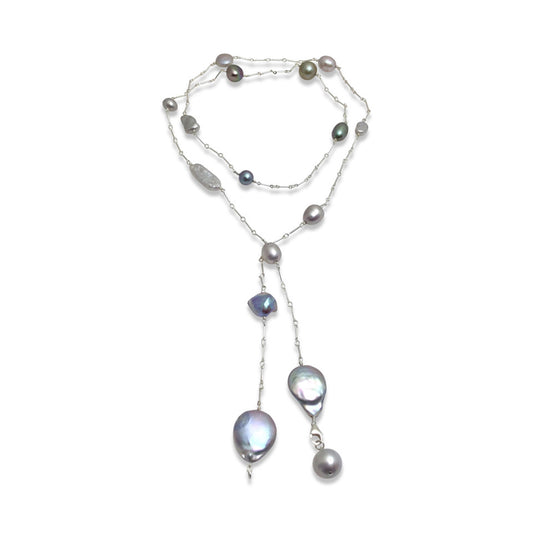 Platinum Grey Pearl Long Lariat Necklace